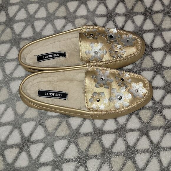 Lands End Faux Fur Lined Loafer Slip On Metallic Snowflake Slipper Shoes Size 7 - Picture 5 of 12
